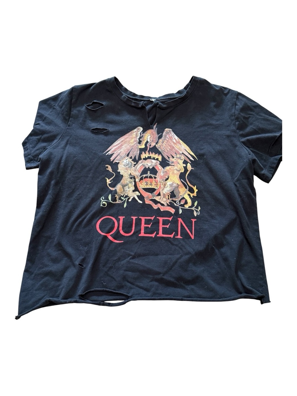 Queen Royal Crest Logo Women’s Black Ripped Grunge Band Tee Large - Picture 3 of 9